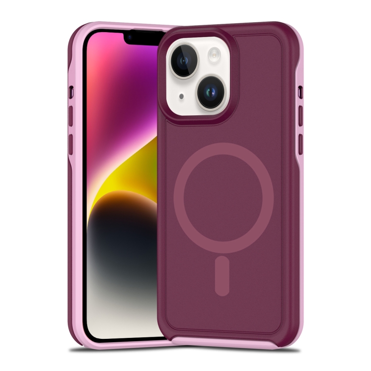 

For iPhone 14 Shockproof MagSafe Armor PC Hybrid TPU Phone Case(Wine Red+Light Pink)