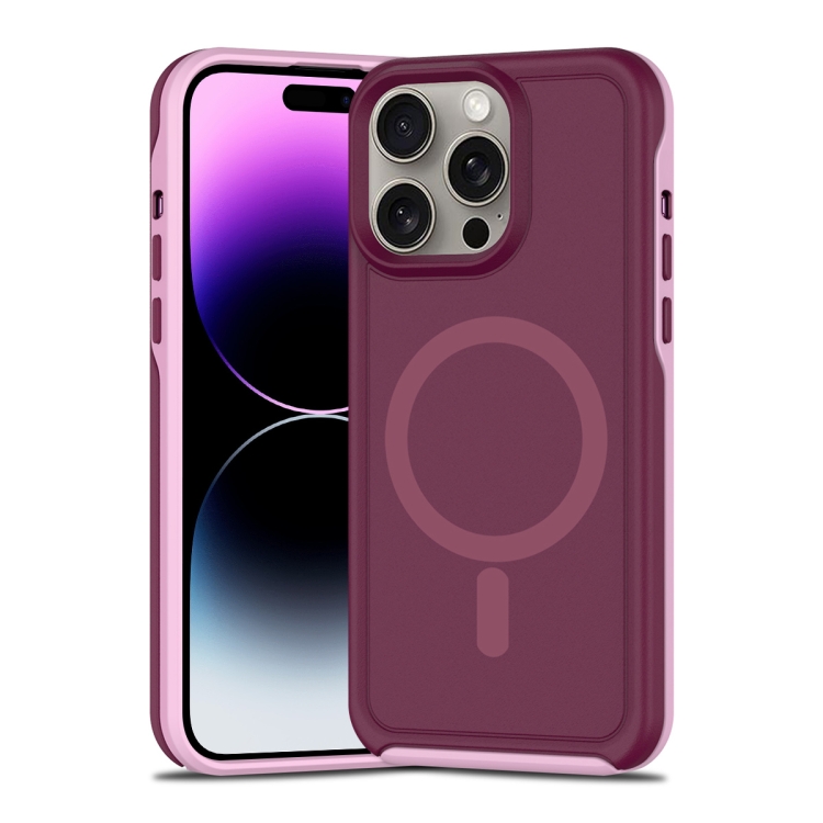 

For iPhone 14 Pro Shockproof MagSafe Armor PC Hybrid TPU Phone Case(Wine Red+Light Pink)