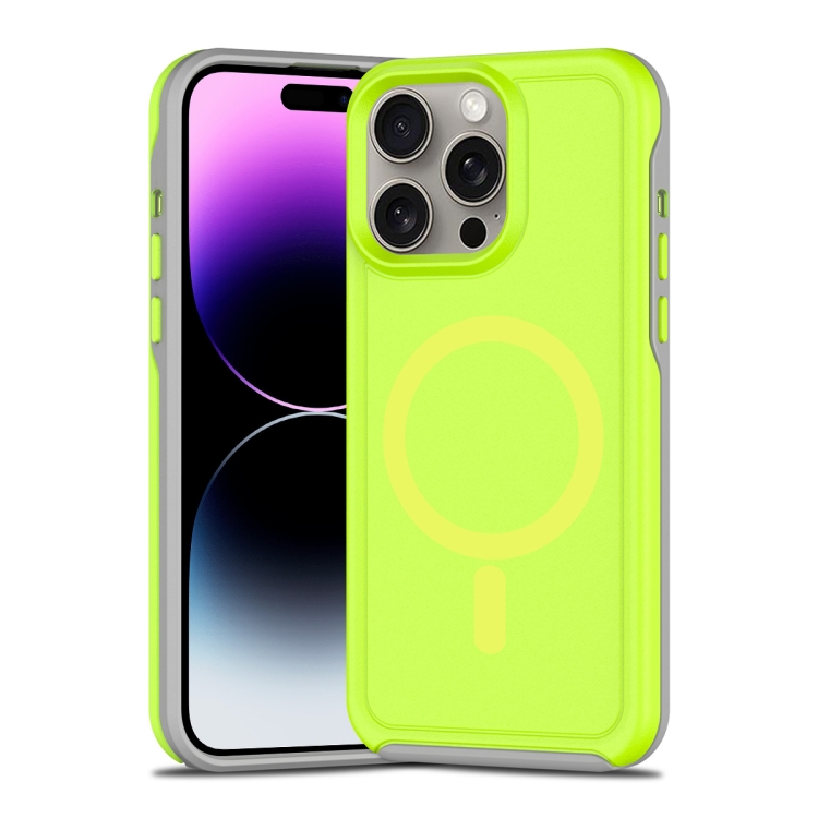 

For iPhone 14 Pro Shockproof MagSafe Armor PC Hybrid TPU Phone Case(Fluorescent Green+Gray)