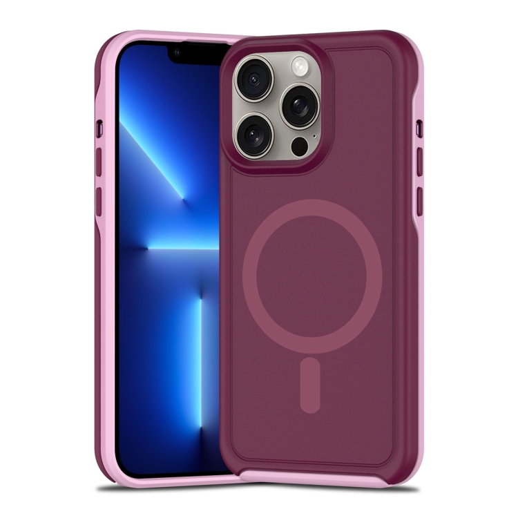 

For iPhone 13 Pro Shockproof MagSafe Armor PC Hybrid TPU Phone Case(Wine Red+Light Pink)