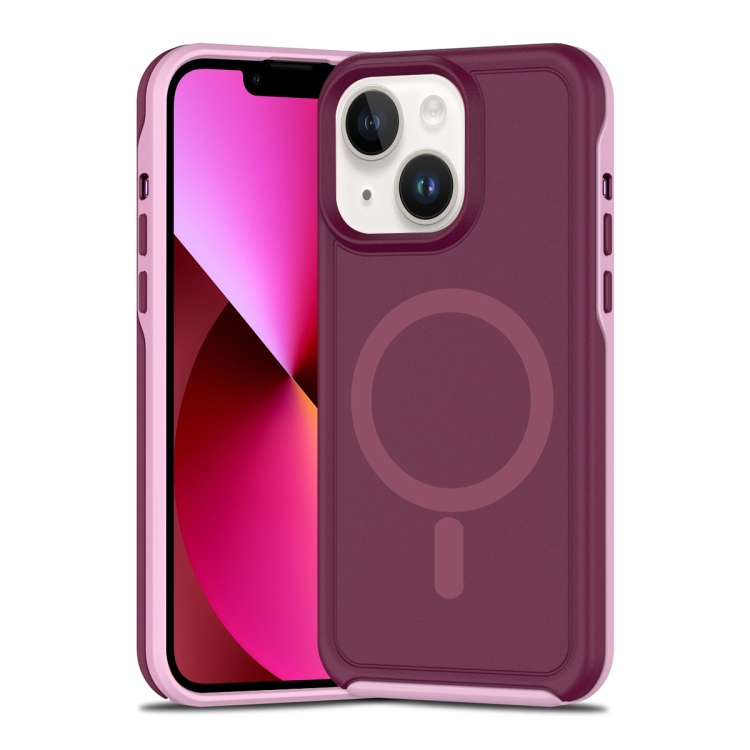 

For iPhone 13 Shockproof MagSafe Armor PC Hybrid TPU Phone Case(Wine Red+Light Pink)