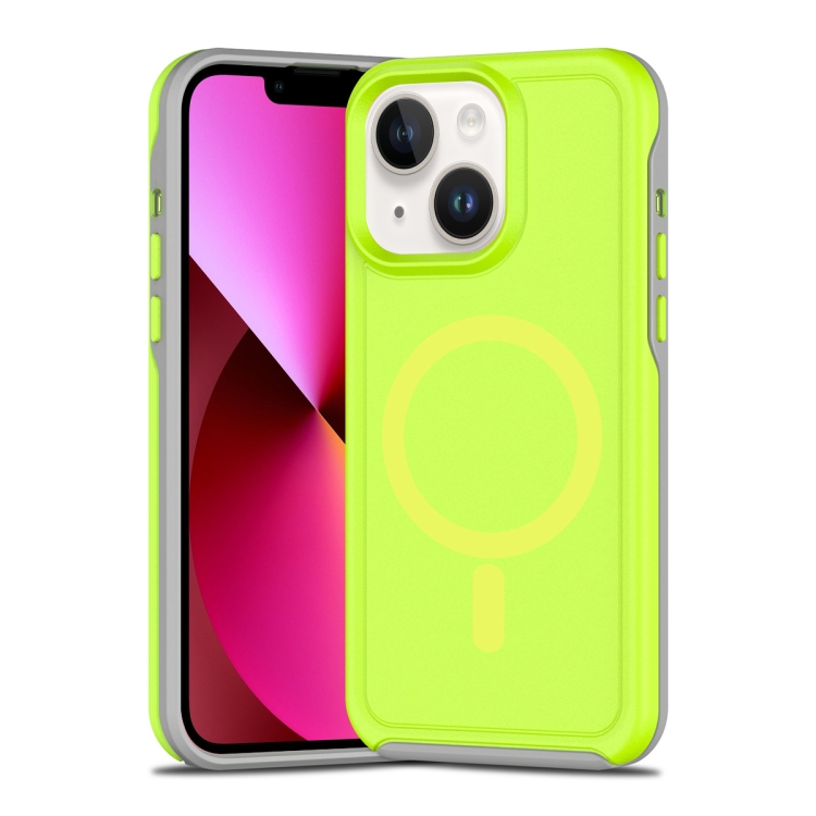 

For iPhone 13 Shockproof MagSafe Armor PC Hybrid TPU Phone Case(Fluorescent Green+Gray)
