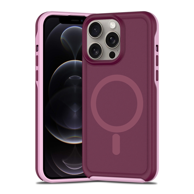

For iPhone 12 Pro Shockproof MagSafe Armor PC Hybrid TPU Phone Case(Wine Red+Light Pink)