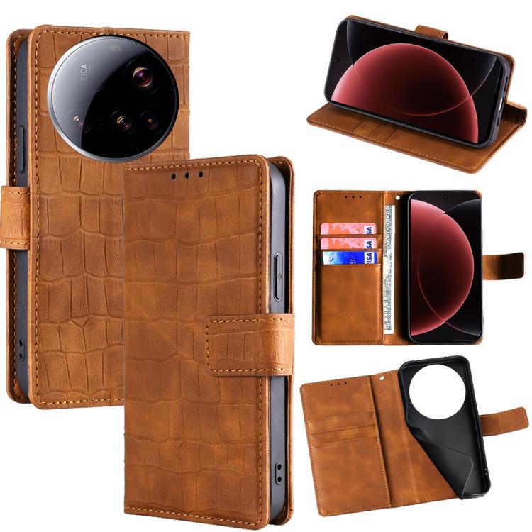 

For Xiaomi 15 Ultra Skin Feel Crocodile Magnetic Clasp Leather Phone Case(Brown)