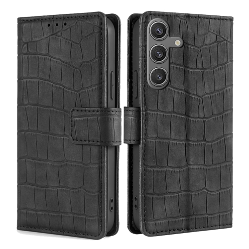 

For Samsung Galaxy S25 5G Skin Feel Crocodile Magnetic Clasp Leather Phone Case(Black)