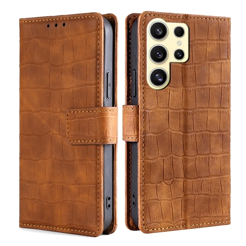 

For Samsung Galaxy S25 Ultra 5G Skin Feel Crocodile Magnetic Clasp Leather Phone Case(Brown)