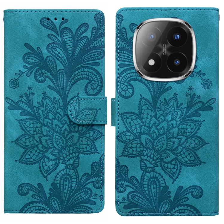 

For Redmi Note 14 Pro 5G Lace Floral Embossed Magnetic Buckle PU Phone Case With Wrist Strap(Green)