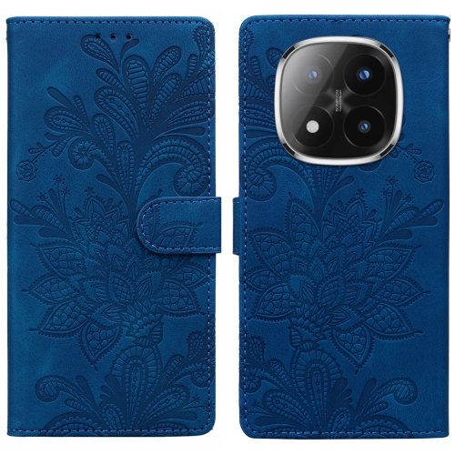 

For Redmi Note 14 Pro 5G Lace Floral Embossed Magnetic Buckle PU Phone Case With Wrist Strap(Blue)