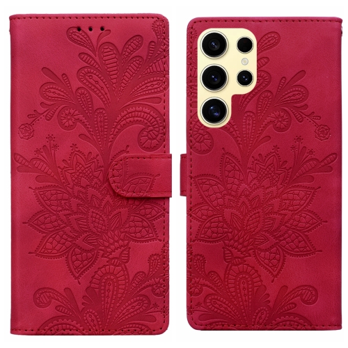 

For Samsung Galaxy S24 Ultra 5G Lace Floral Embossed Magnetic Buckle PU Phone Case With Wrist Strap(Red)