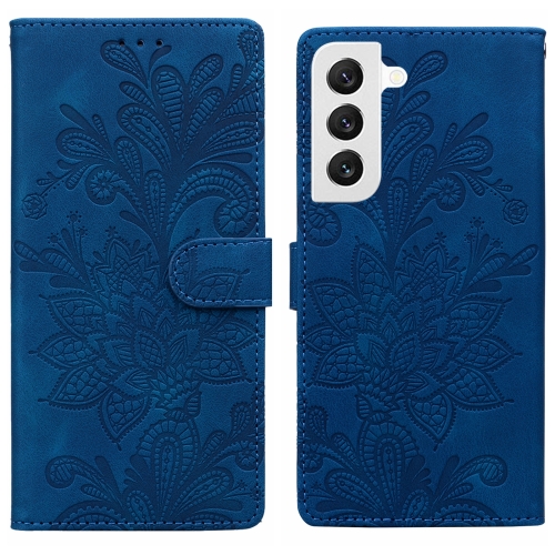 

For Samsung Galaxy S22+ 5G Lace Floral Embossed Magnetic Buckle PU Phone Case With Wrist Strap(Blue)