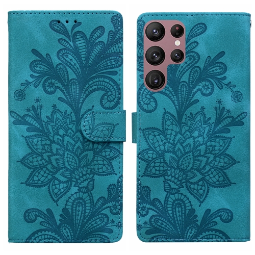 

For Samsung Galaxy S22 Ultra 5G Lace Floral Embossed Magnetic Buckle PU Phone Case With Wrist Strap(Green)