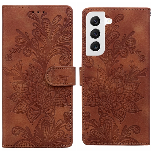 

For Samsung Galaxy S22 5G Lace Floral Embossed Magnetic Buckle PU Phone Case With Wrist Strap(Brown)