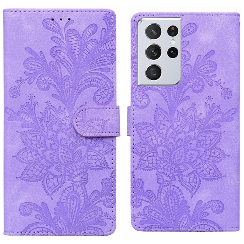 

For Samsung Galaxy S21 Ultra 5G Lace Floral Embossed Magnetic Buckle PU Phone Case With Wrist Strap(Purple)