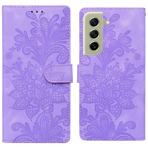 

For Samsung Galaxy S21 FE 5G Lace Floral Embossed Magnetic Buckle PU Phone Case With Wrist Strap(Purple)