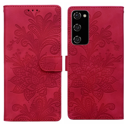 

For Samsung Galaxy S20 FE Lace Floral Embossed Magnetic Buckle PU Phone Case With Wrist Strap(Red)