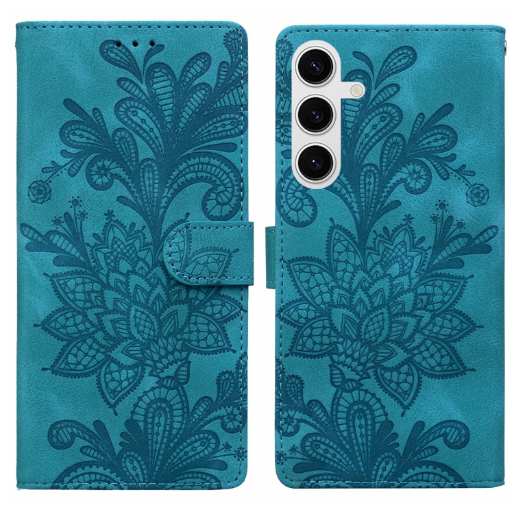 

For Samsung Galaxy S25 5G Lace Floral Embossed Magnetic Buckle PU Phone Case With Wrist Strap(Green)