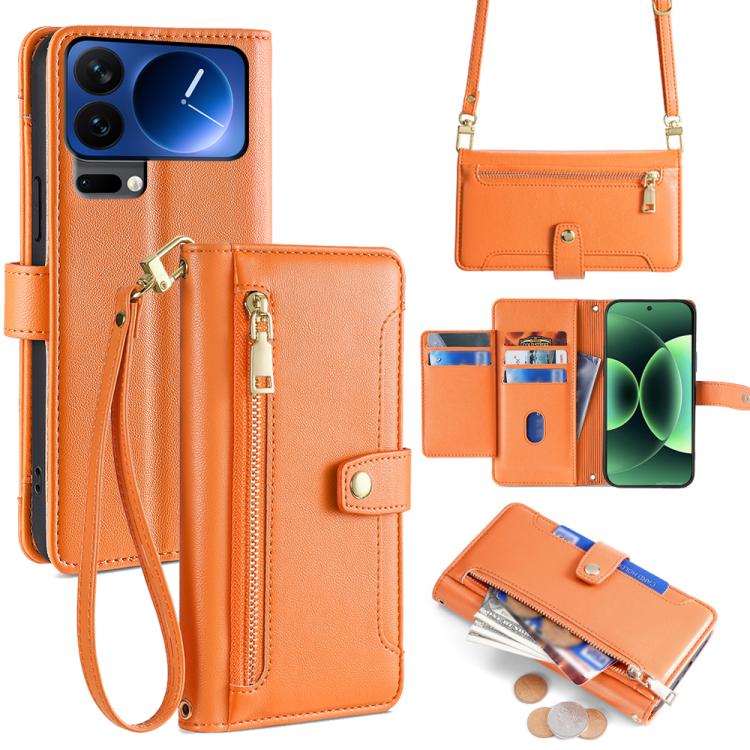 

For Xiaomi 17 Pro Sheep Texture Cross-body Zipper Wallet Leather Phone Case(Orange)