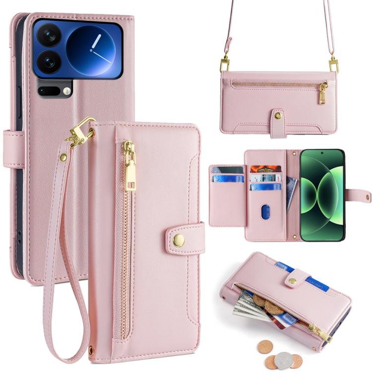 

For Xiaomi 17 Pro Sheep Texture Cross-body Zipper Wallet Leather Phone Case(Pink)