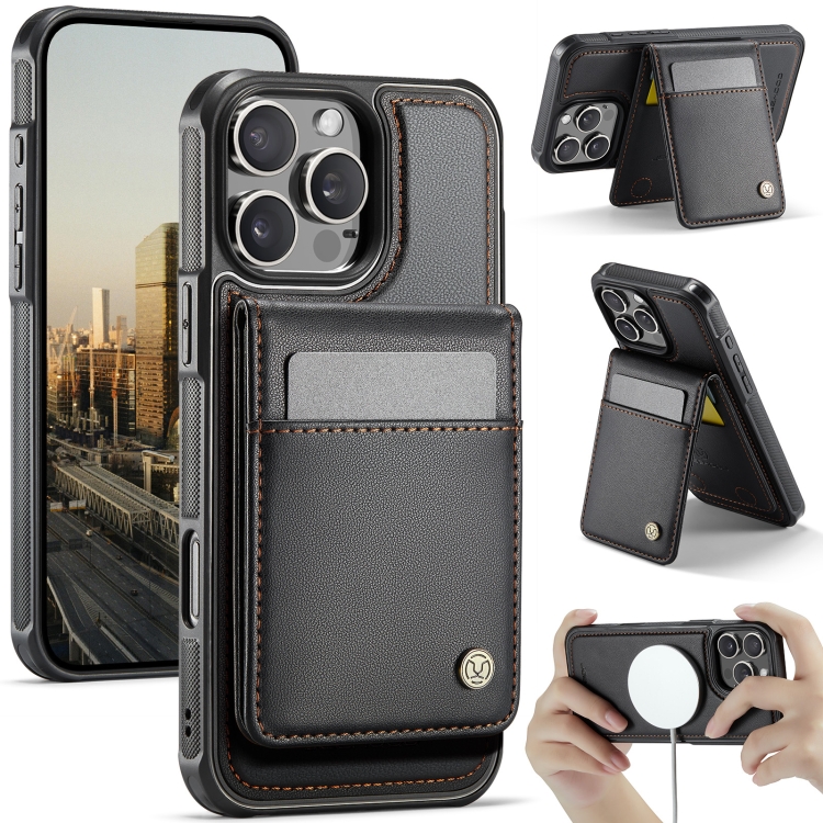 

For iPhone 16 Pro Max JEEHOOD J06 British Style RFID MagSafe Card Bag PU Phone Case(Black)