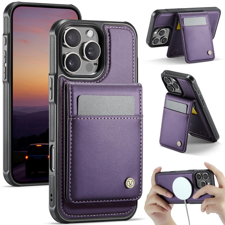

For iPhone 16 Pro JEEHOOD J06 British Style RFID MagSafe Card Bag PU Phone Case(Purple)