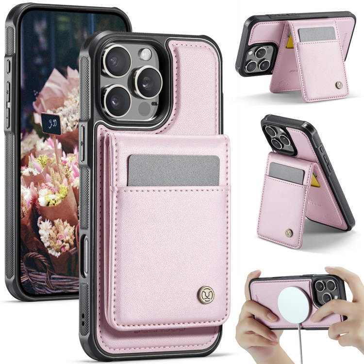 

For iPhone 16 Pro JEEHOOD J06 British Style RFID MagSafe Card Bag PU Phone Case(Pink)