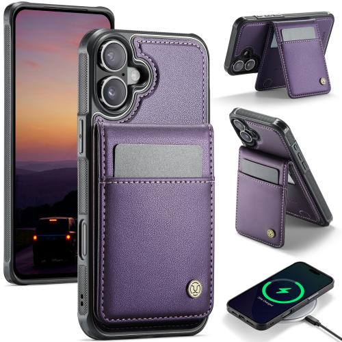 

For iPhone 16 Plus JEEHOOD J06 British Style RFID MagSafe Card Bag PU Phone Case(Purple)