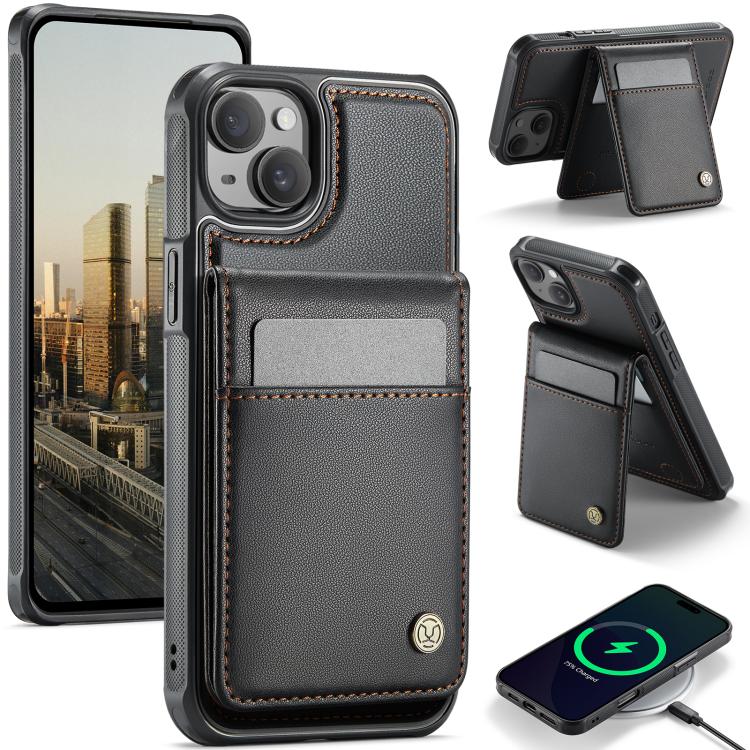 

For iPhone 15 JEEHOOD J06 British Style RFID MagSafe Card Bag PU Phone Case(Black)