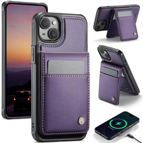 

For iPhone 14 Plus JEEHOOD J06 British Style RFID MagSafe Card Bag PU Phone Case(Purple)