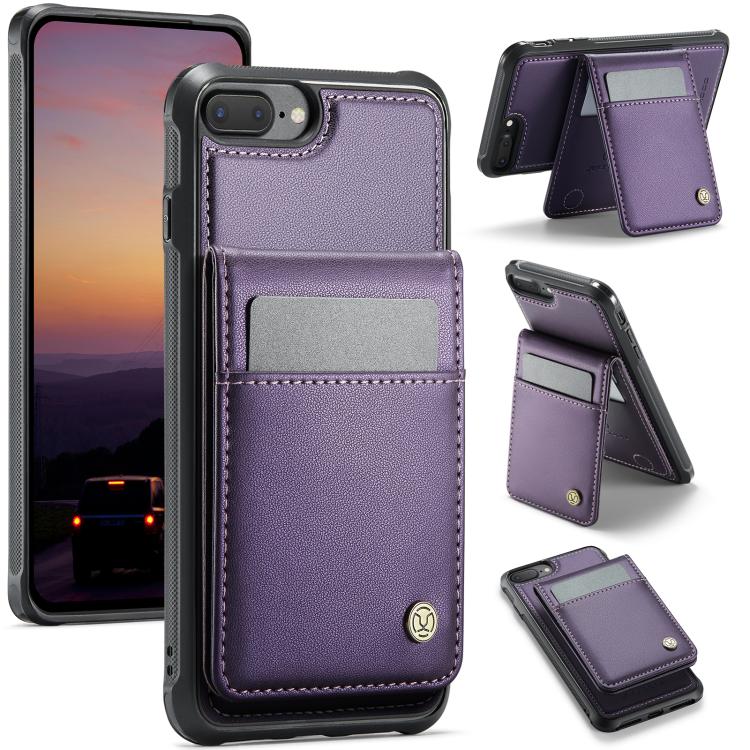 

For iPhone 8 Plus / 7 Plus JEEHOOD J06 British Style RFID MagSafe Card Bag PU Phone Case(Purple)