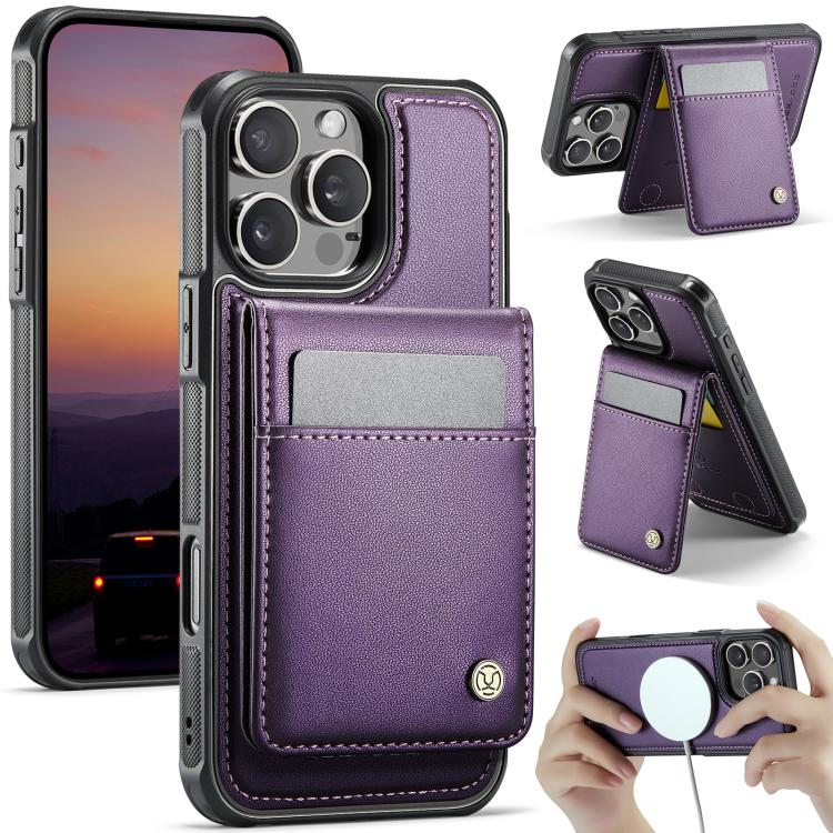 

For iPhone 15 Pro Max JEEHOOD J06 British Style RFID MagSafe Card Bag PU Phone Case(Purple)
