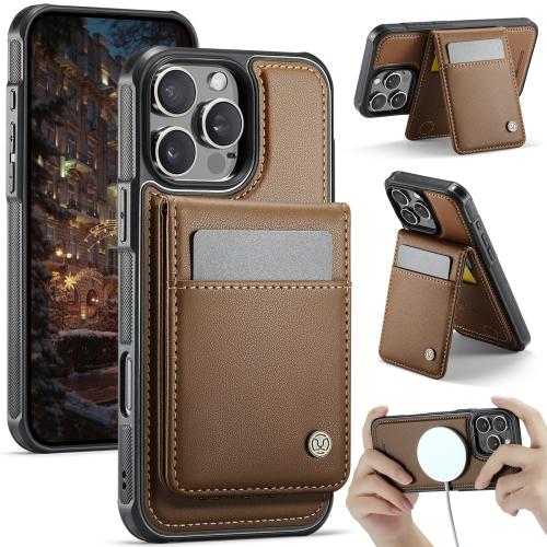 

For iPhone 15 Pro Max JEEHOOD J06 British Style RFID MagSafe Card Bag PU Phone Case(Brown)