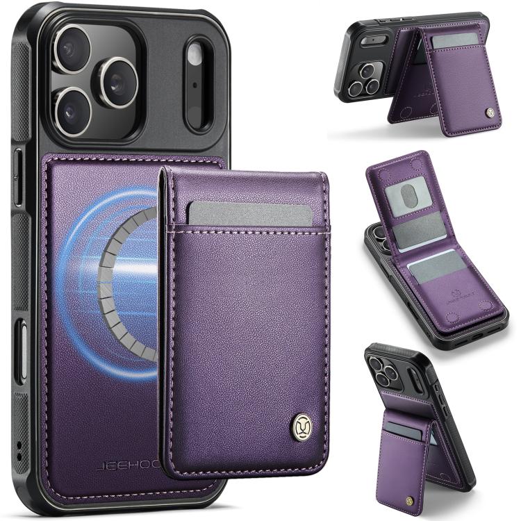 

For iPhone 17 Pro Max JEEHOOD J06 British Style RFID MagSafe Card Bag PU Phone Case(Purple)