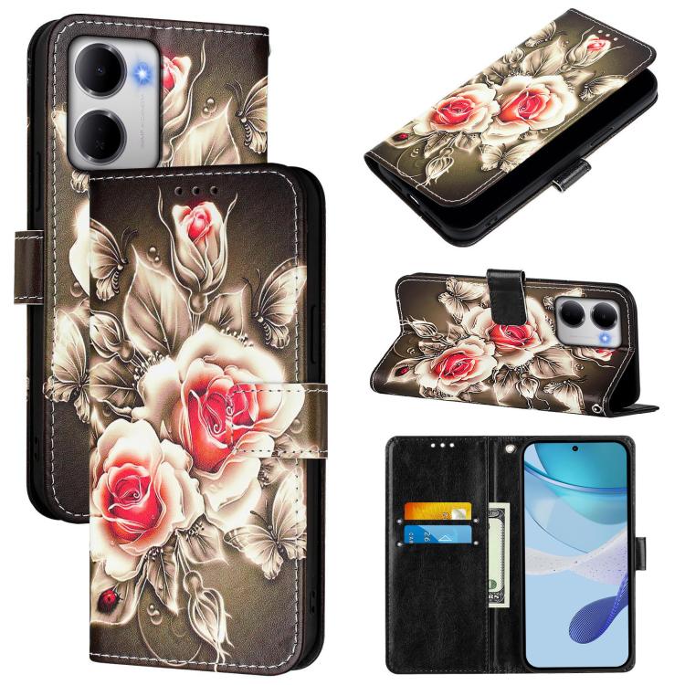 

For Redmi 15a 5G Colored Drawing Pattern Plain Weave Leather Phone Case(Roses On Black)