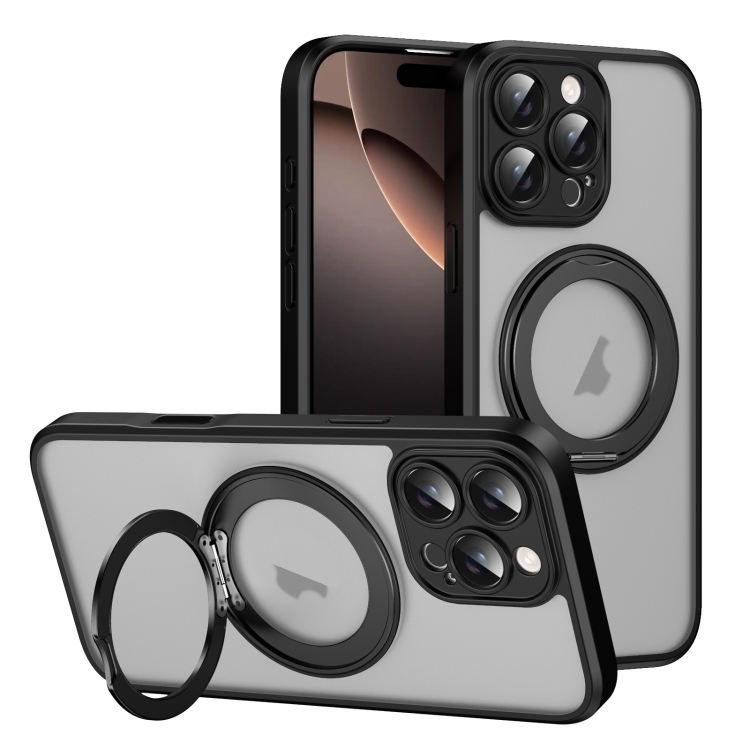 

For iPhone 16 Pro Max Translucent Frosted MagSafe Rotating Holder Phone Case with AI Button(Black)