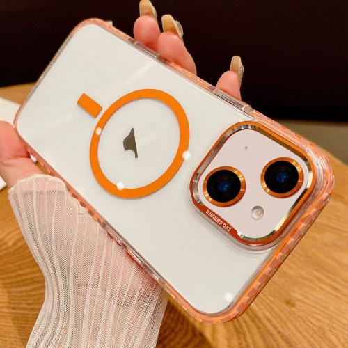 

For iPhone 14 Transparent MagSafe Phone Case with Lens Film(Orange)
