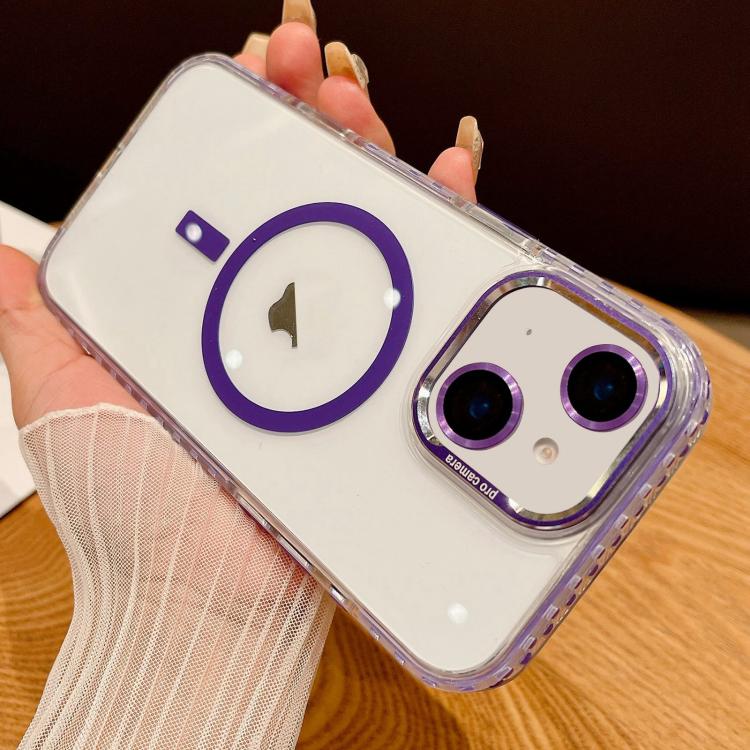 

For iPhone 14 Transparent MagSafe Phone Case with Lens Film(Purple)
