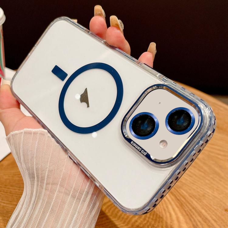 

For iPhone 14 Plus Transparent MagSafe Phone Case with Lens Film(Blue)