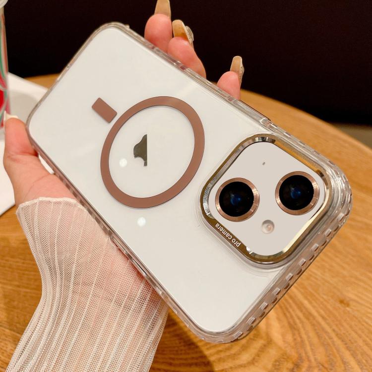 

For iPhone 15 Transparent MagSafe Phone Case with Lens Film(Titanium Gold)