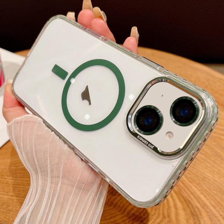 

For iPhone 15 Plus Transparent MagSafe Phone Case with Lens Film(Green)