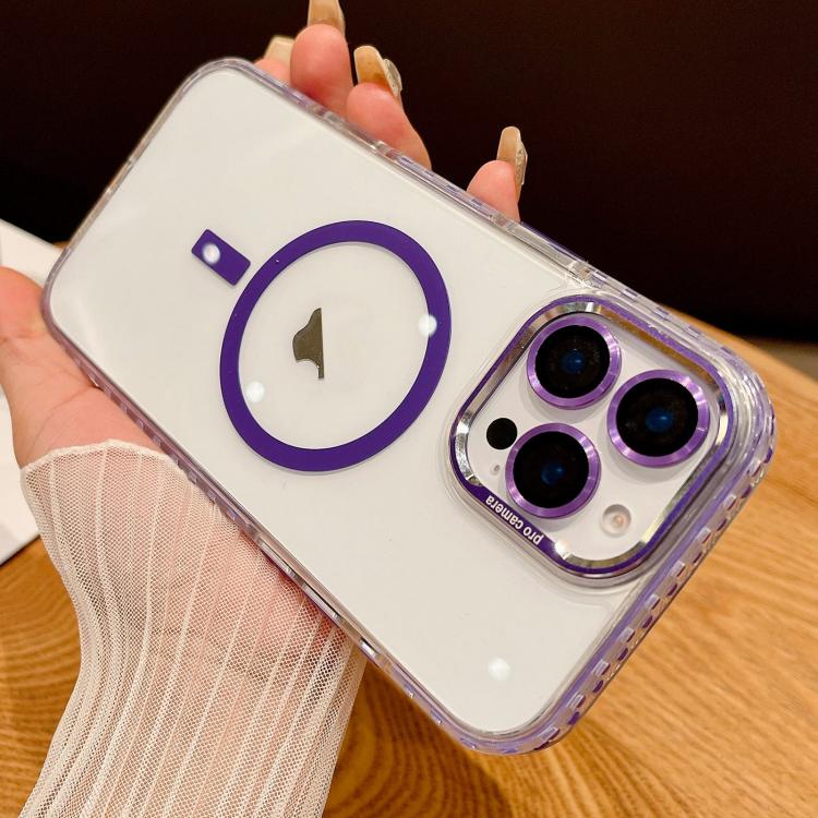 

For iPhone 15 Pro Max Transparent MagSafe Phone Case with Lens Film(Purple)