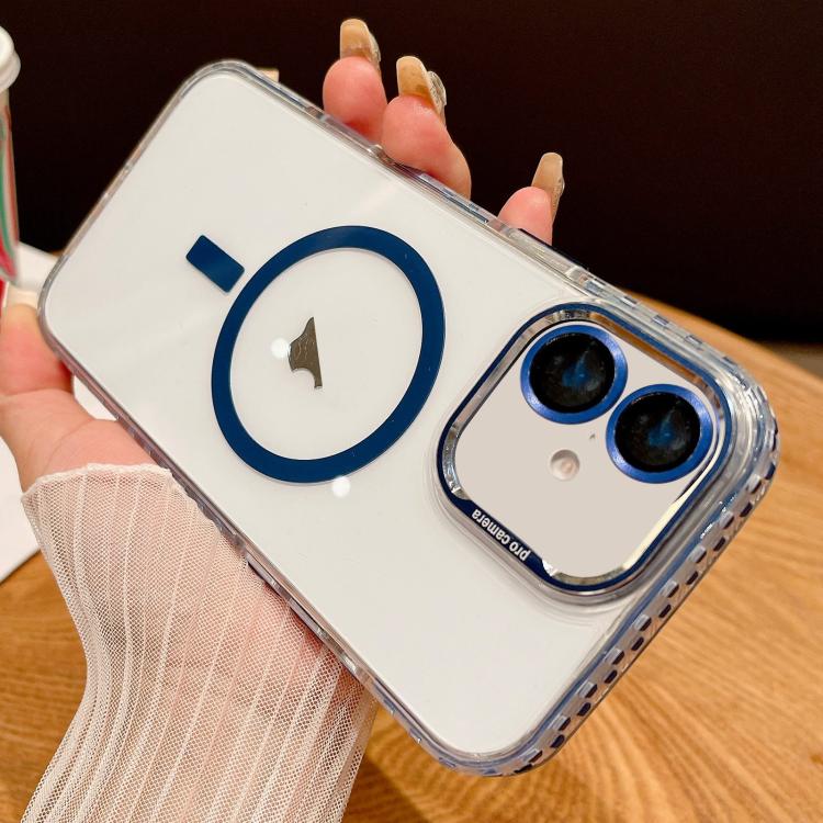 

For iPhone 16 Transparent MagSafe Phone Case with Lens Film(Blue)