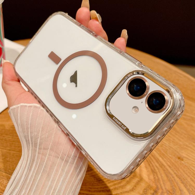 

For iPhone 16 Transparent MagSafe Phone Case with Lens Film(Titanium Gold)