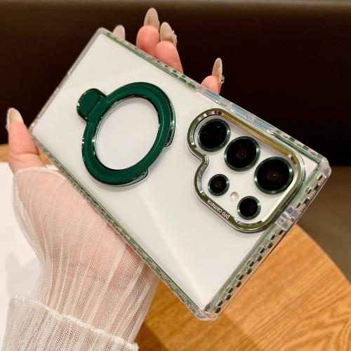 

For Samsung Galaxy S22 Ultra 5G Transparent MagSafe Holder Phone Case with Lens Film(Green)