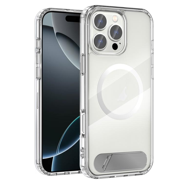 

For iPhone 16 Pro Clear PC Hybrid TPU MagSafe Phone Case with Holder(White)