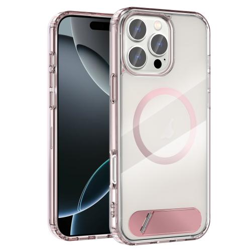 

For iPhone 16 Pro Clear PC Hybrid TPU MagSafe Phone Case with Holder(Pink)