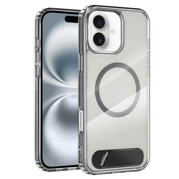 

For iPhone 16 Plus Clear PC Hybrid TPU MagSafe Phone Case with Holder(Black)