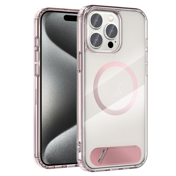 

For iPhone 15 Pro Clear PC Hybrid TPU MagSafe Phone Case with Holder(Pink)