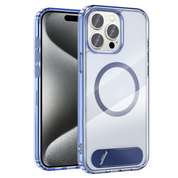

For iPhone 15 Pro Clear PC Hybrid TPU MagSafe Phone Case with Holder(Blue)