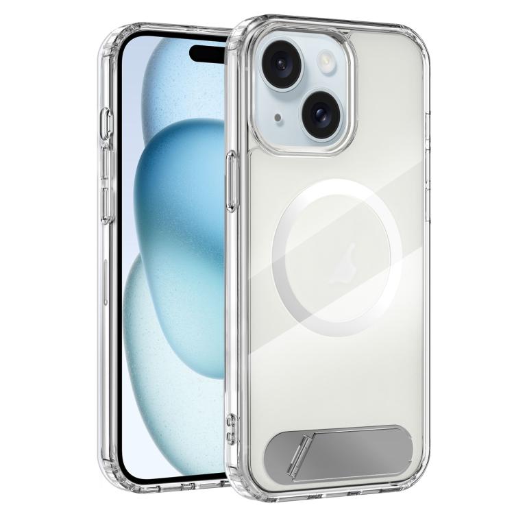 

For iPhone 15 Clear PC Hybrid TPU MagSafe Phone Case with Holder(White)