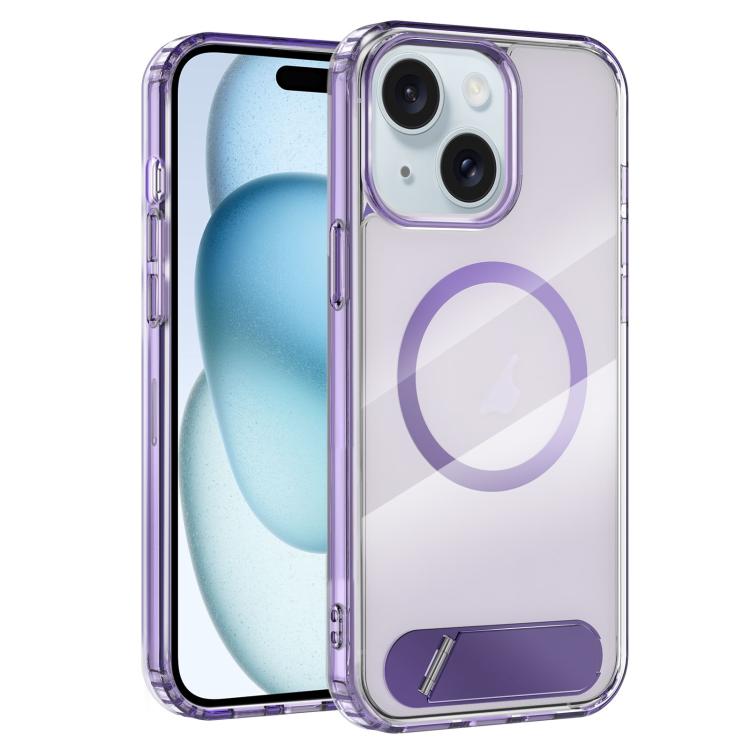 

For iPhone 15 Clear PC Hybrid TPU MagSafe Phone Case with Holder(Purple)